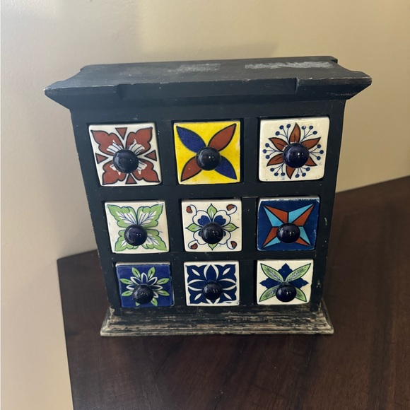 Wooden Tea Trinket Seasoning Cabinet 9 Hand Painted Ceramic Drawers Apothecary - Picture 6 of 9